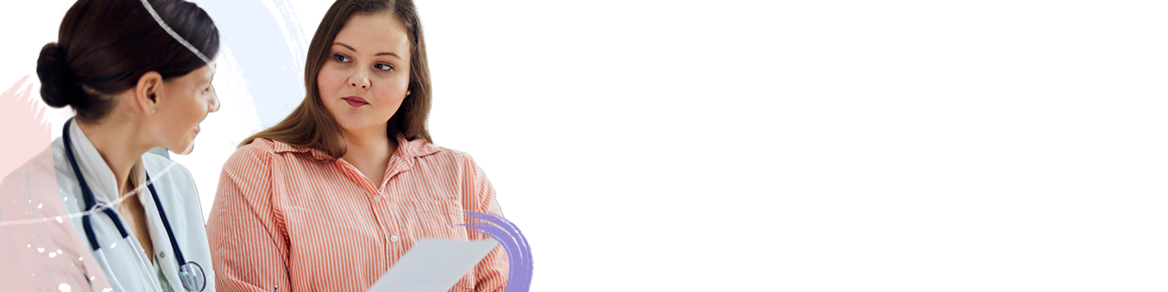 Actors portraying a patient and doctor discussing with a piece of paper.