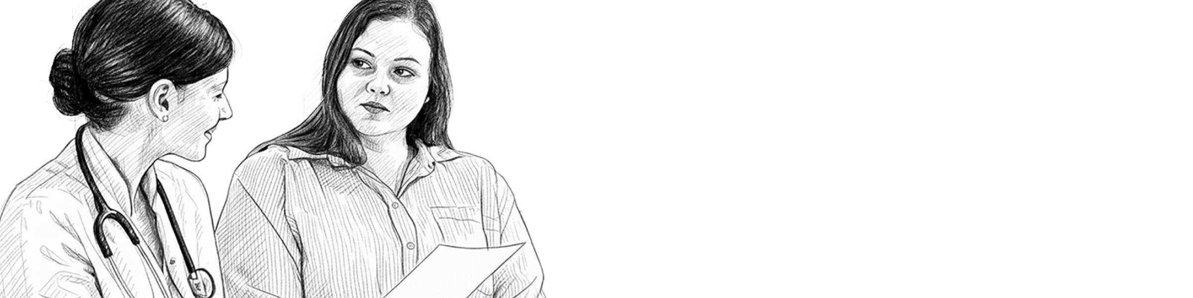 Illustration of a patient and doctor discussing with a piece of paper.